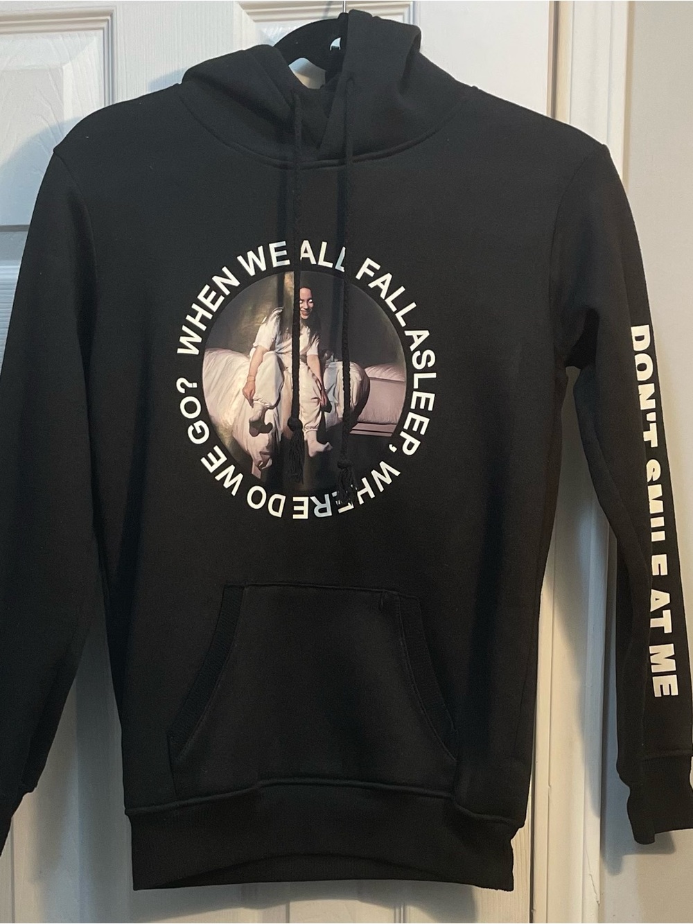 Black Graphic Hoodie Sweatshirt with 'Don't Smile At Me' Sleeve - Picture 3 of 5